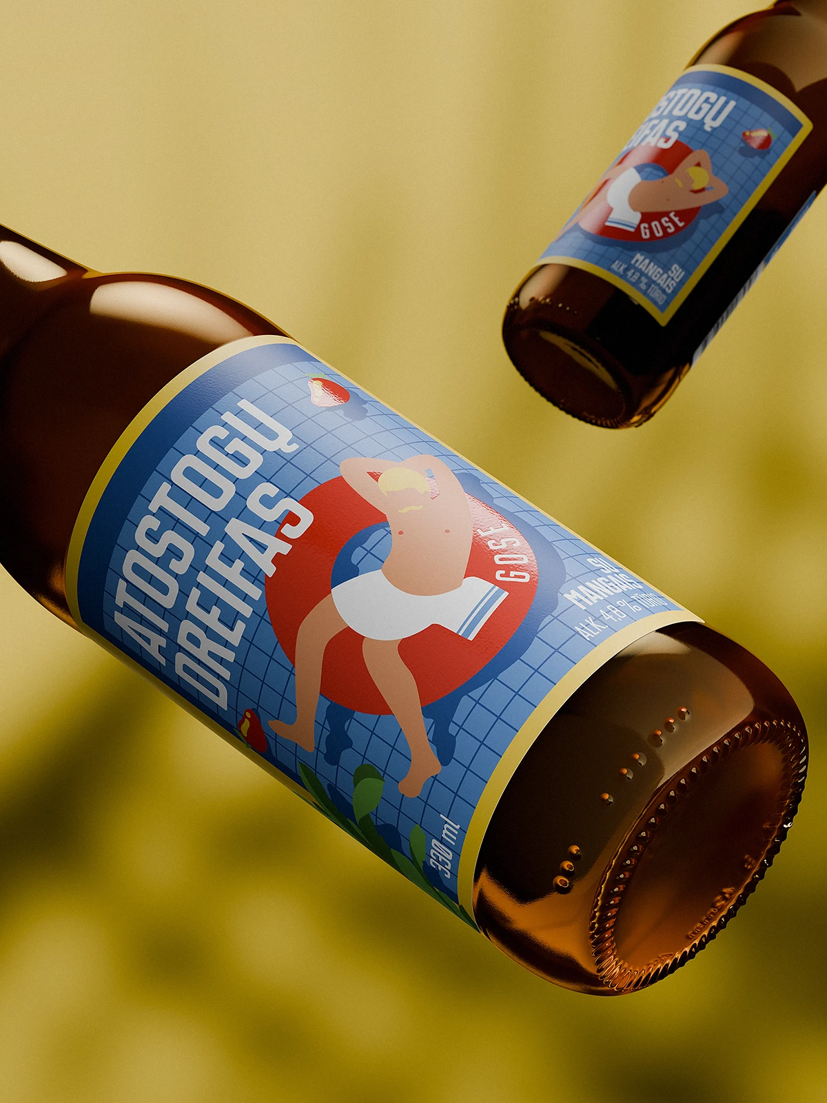 Close-up of “Atostogų Dreifas” beer label featuring a swimmer illustration with glossy spot varnish details.