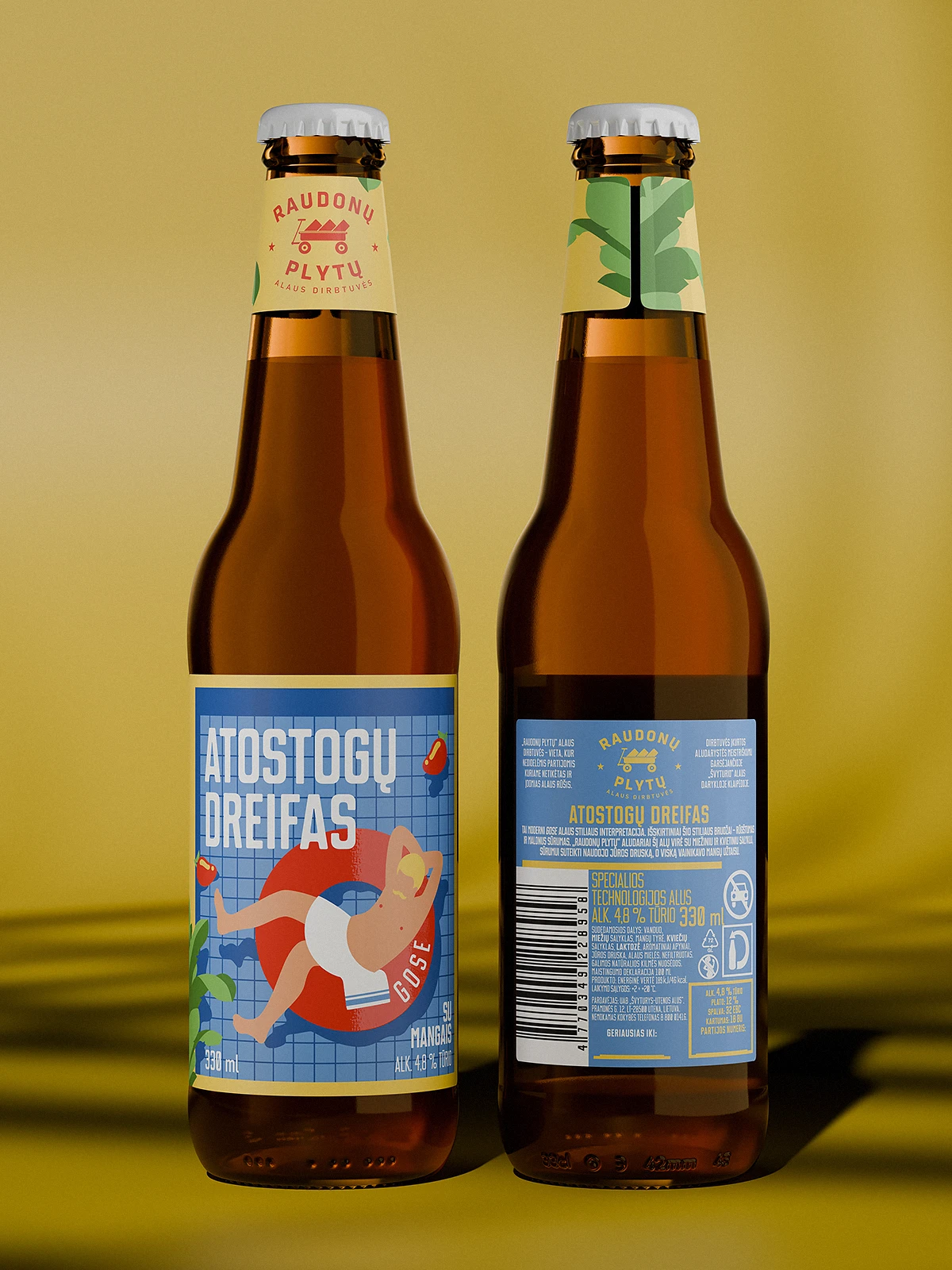 Front and back view of a “Atostogų Dreifas” beer bottle, showcasing the illustrated main label, detailed back label, and branded neck label.