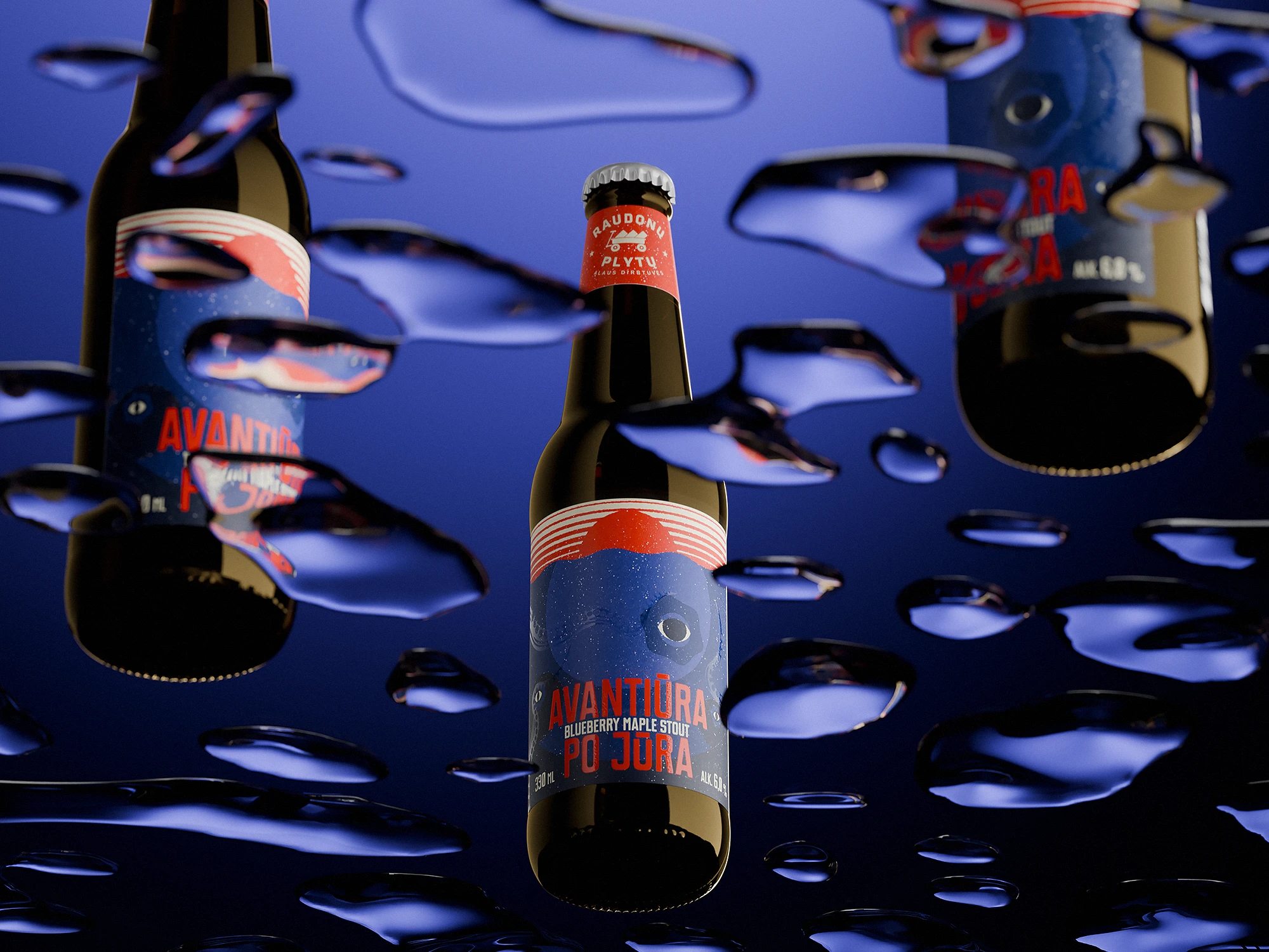 Multiple bottles of “Avantiūra po jūra” Blueberry Maple Stout by Raudonų Plytų, seen through large water droplets on glass. The labels feature a surreal underwater scene with blueberries and tentacles, against a deep blue backdrop with red highlights.
