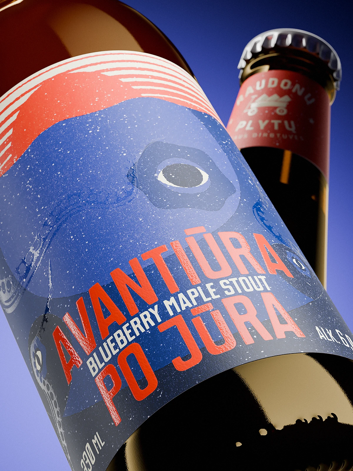 Close-up of the “Avantiūra po jūra” Blueberry Maple Stout label, showing surreal blueberries with eyes floating underwater. Glossy varnish reveals subtle tentacles swirling around the berries. The top of the label shows a red sea horizon, with bold red and white typography over a deep blue background.