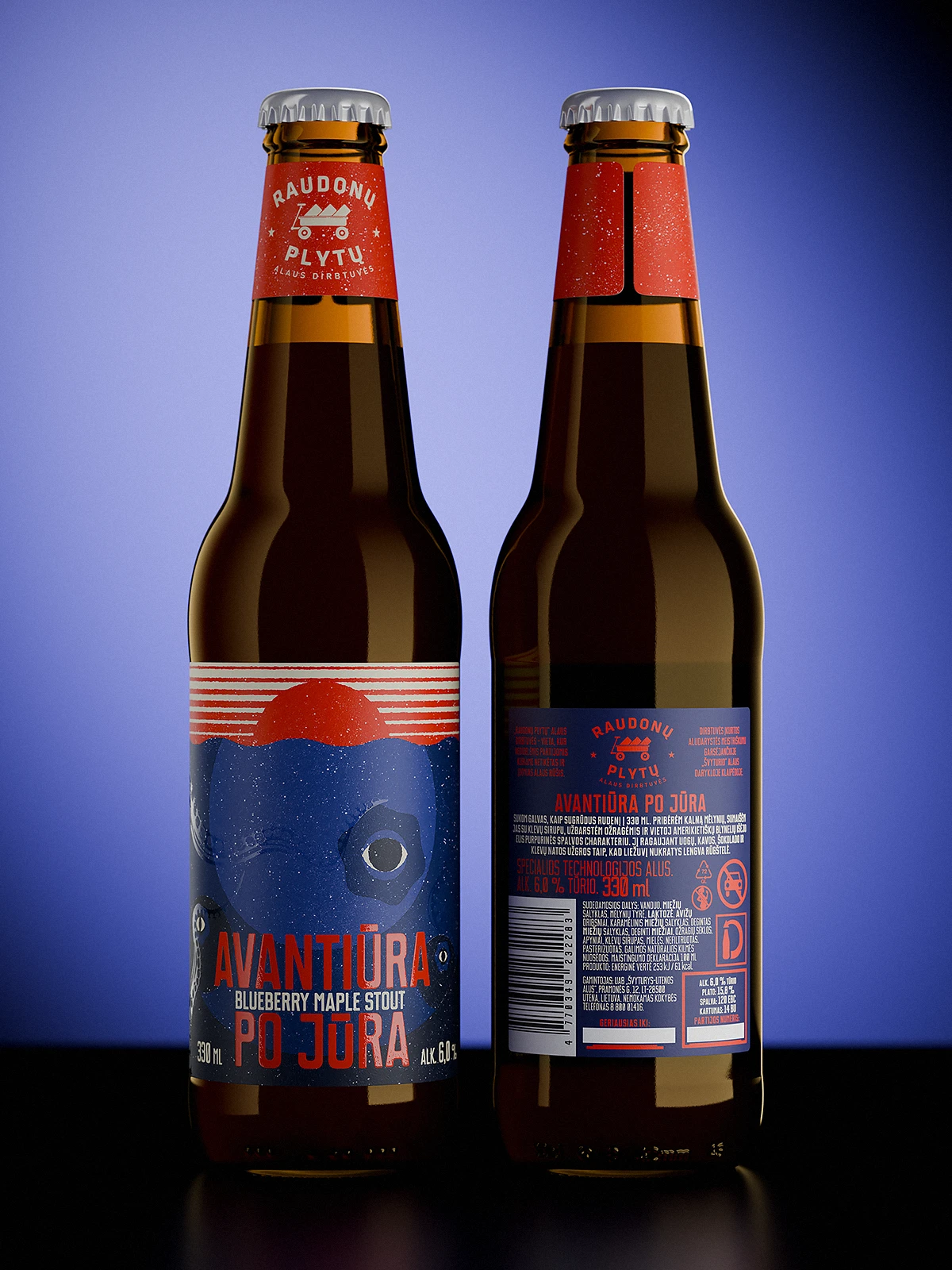 Front and back view of “Avantiūra po jūra” Blueberry Maple Stout by Raudonų Plytų. The label shows a stylized seascape with a red horizon line above water and surreal blueberries with eyes floating below the surface. Glossy varnish highlights the tentacles swirling around the berries, adding a subtle underwater texture to the dark blue illustration. The red neck label features the brewery’s logo.