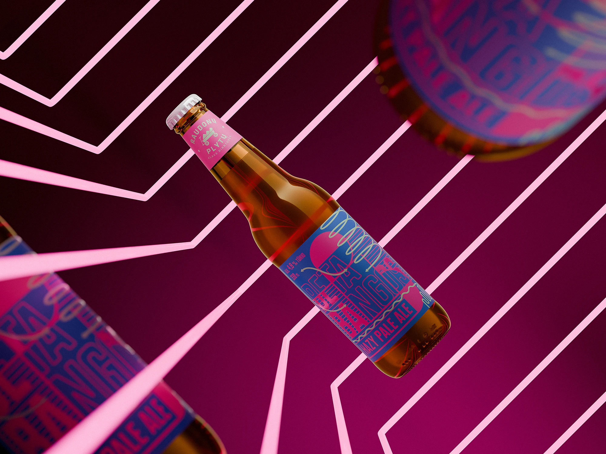 A bottle of “Beta Bangos” Hazy Pale Ale floating in a vivid magenta-pink setting. The label is designed with bold blue and pink abstract graphics, overlaid with glossy varnish details. The background features angled neon pink lines creating a dynamic, futuristic composition. Other blurred bottles appear in the foreground and background.