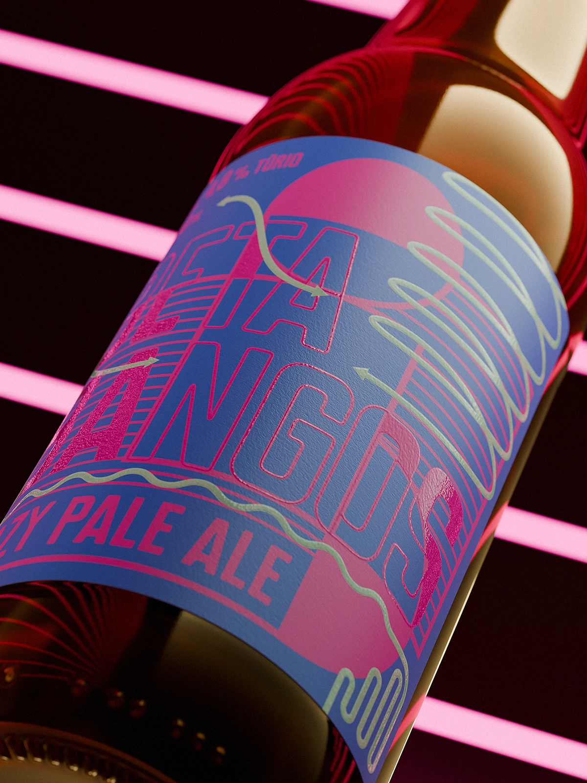 Close-up of a “Beta Bangos” Hazy Pale Ale bottle by Raudonų Plytų. The label features abstract graphics in pink, blue, and neon green tones, with arrows, curved lines, and wave patterns. Glossy varnish highlights parts of the design, especially the text and decorative elements. In the background — dark setting with glowing pink horizontal light stripes.