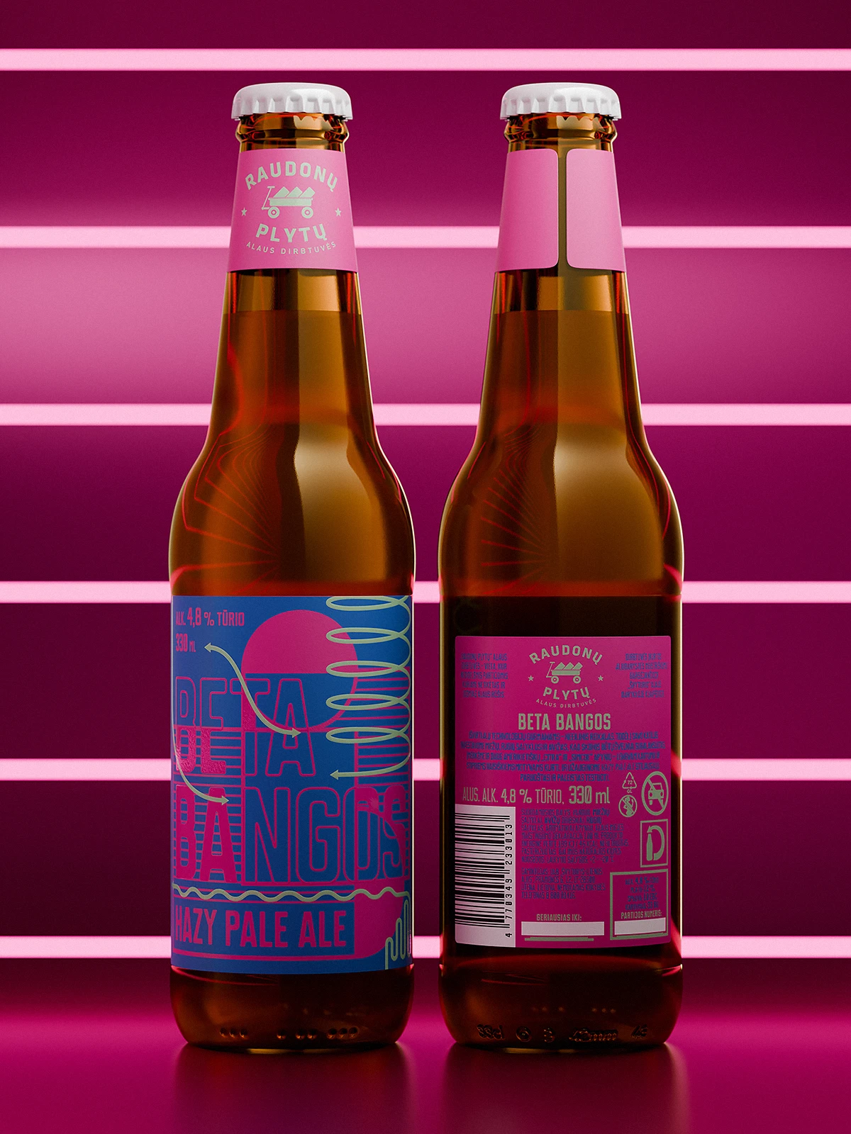 Two bottles of “Beta Bangos” Hazy Pale Ale by Raudonų Plytų, placed in front of a bright pink background with horizontal neon lights. The front label shows an abstract design in blue and magenta with stylized waves, arrows, and curved lines. The bottle on the left displays the front label, the one on the right shows the back label with product information.