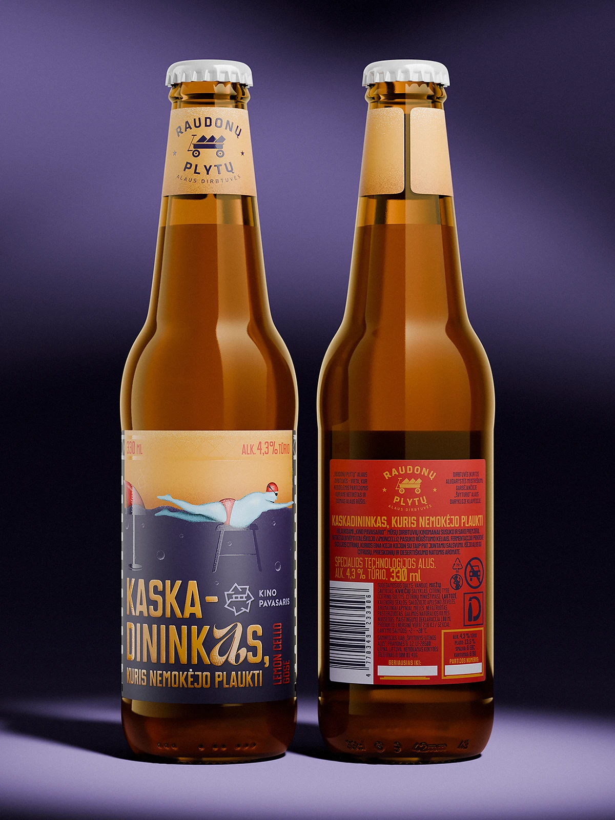 Two bottles of “Kaskadininkas, kuris nemokėjo plaukti” lemon cello gose beer against a violet gradient background. The front label shows a man in red swimwear lying on a stool, seemingly diving into water, which is revealed to be a film set — visible through gloss varnish elements. The text is stylized in bold yellow and white type. One bottle displays the front label, the other shows the back label with product information in red and yellow.