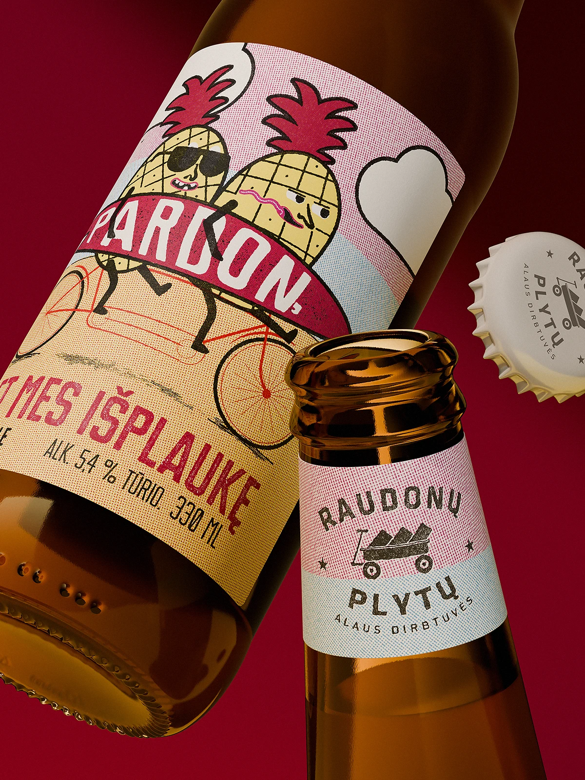 Close-up of “Pardon, bet mes išplaukę” beer bottle label with two illustrated pineapples on a tandem bike, showing printed halftone texture and detailed neck label with Raudonų Plytų branding.