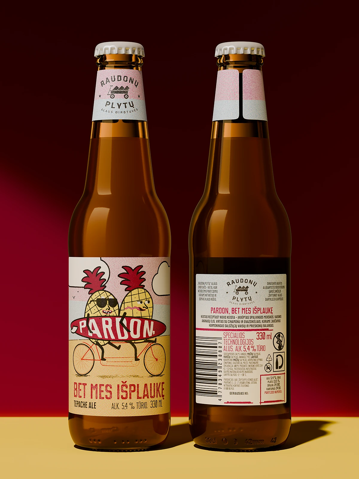 Front and back view of “Pardon, bet mes išplaukę” beer bottle, showing illustrated label with pineapples on a tandem bike and detailed back label with product info and barcode.