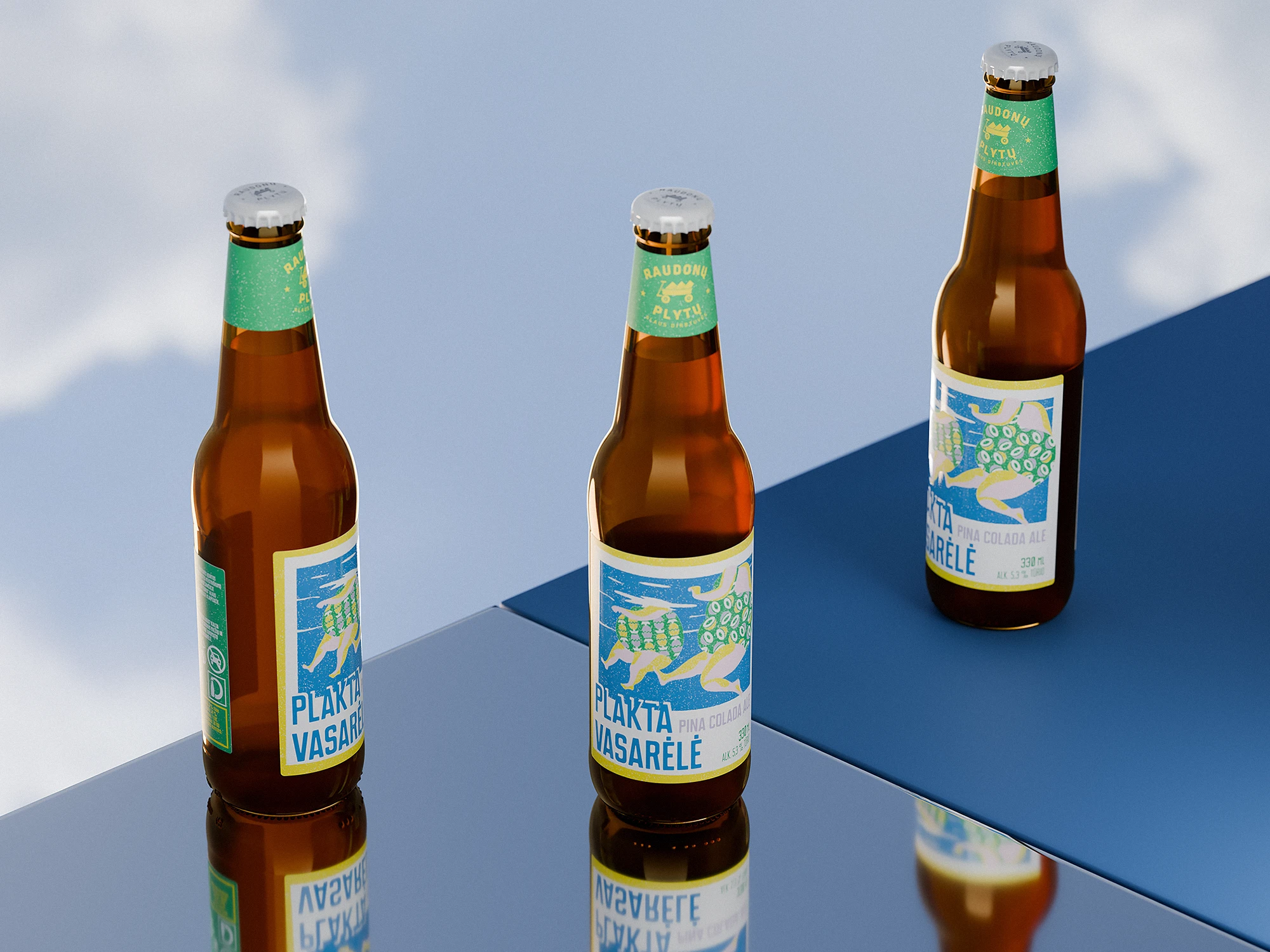 Three bottles of “Plakta Vasarelė” Piña Colada Ale by Raudonų Plytų, standing on a reflective surface. The label shows two full-bodied women swimming, viewed from below the water surface, with their heads above water and not visible. The composition is framed like a Polaroid photo, evoking a nostalgic summer vibe.