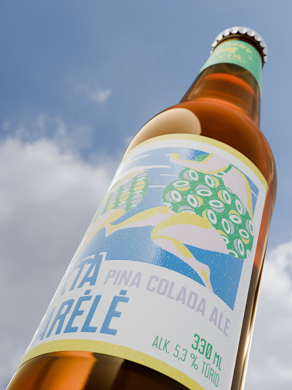 Low-angle close-up of “Plakta Vasarelė” Piña Colada Ale bottle against the sky. The label shows two full-figured women swimming, viewed from below the water surface. Their bodies are visible underwater, with their heads above. Glossy varnish highlights the blue water and the bold lettering on the label, which mimics the look of a vintage Polaroid photo.