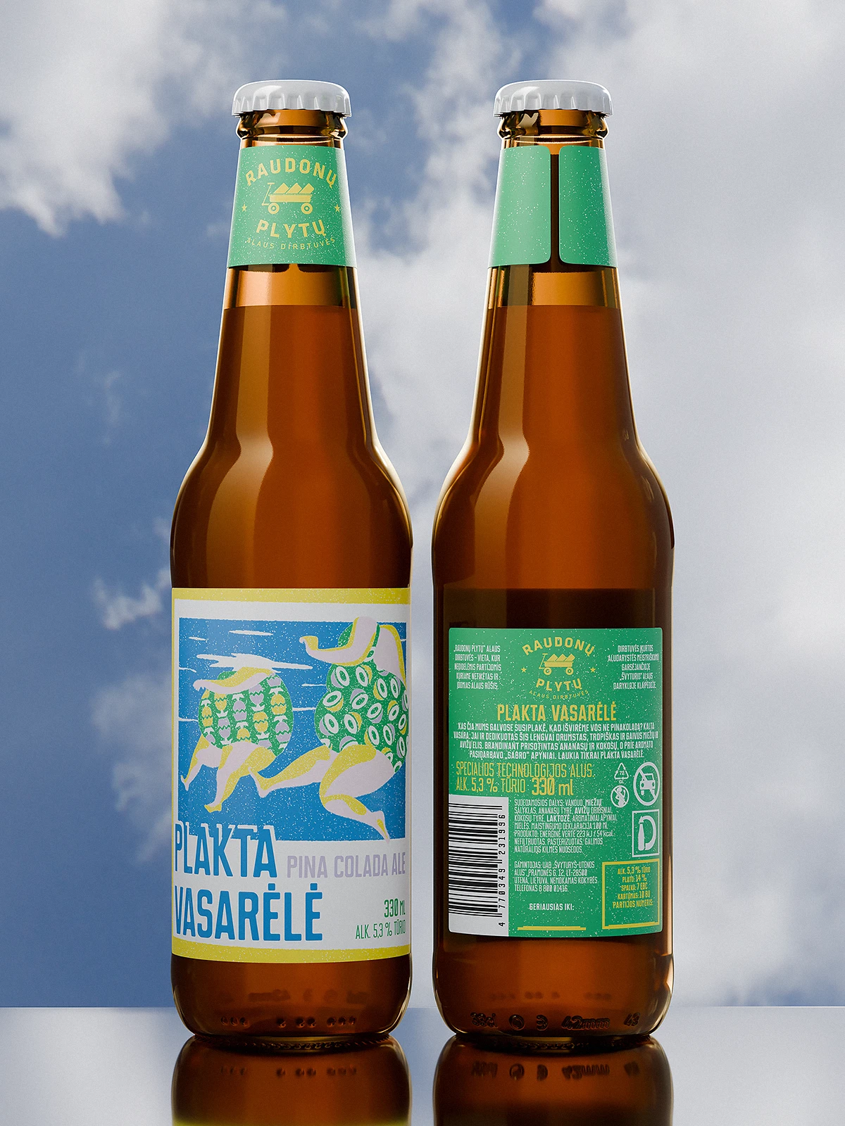 Front and back view of “Plakta Vasarelė” Piña Colada Ale bottle by Raudonų Plytų. The front label shows two curvy women swimming underwater, their heads above the surface, framed like a Polaroid photo. Glossy varnish highlights the blue water and typography. The back label displays product information on a textured green background.