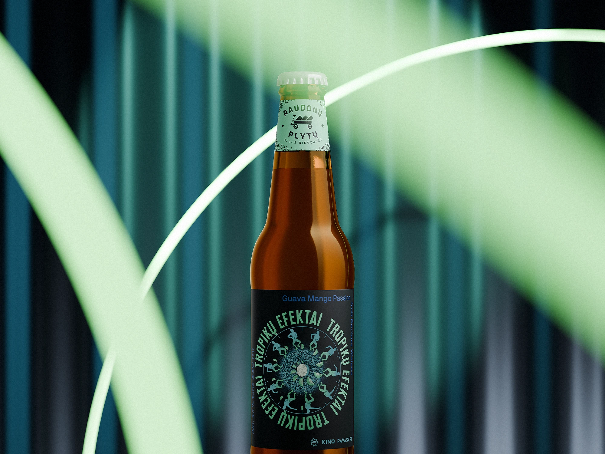 Single bottle of “Tropikų Efektai” beer by Raudonų Plytų and Kino Pavasaris, standing on a neon-lit pedestal. The label features glowing figures in a circular motion around tropical fruits, with a backdrop of teal curtains and sweeping light streaks.