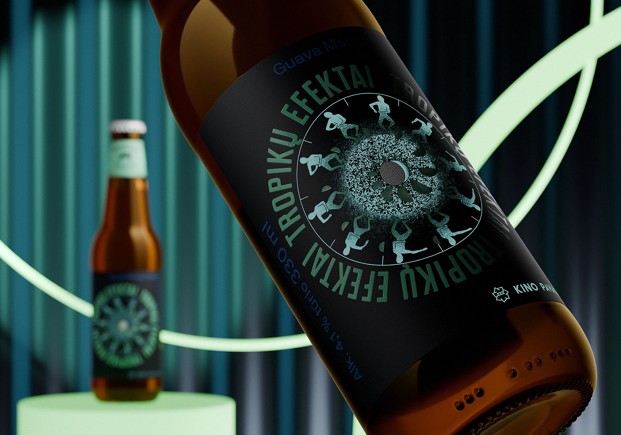 Close-up of “Tropikų Efektai” beer bottle in mid-air, showing fluorescent ink glowing on dancing figures and a glossy varnish highlight on the label title. A second bottle stands in the background on a lit pedestal, against a neon-lit curtain backdrop.