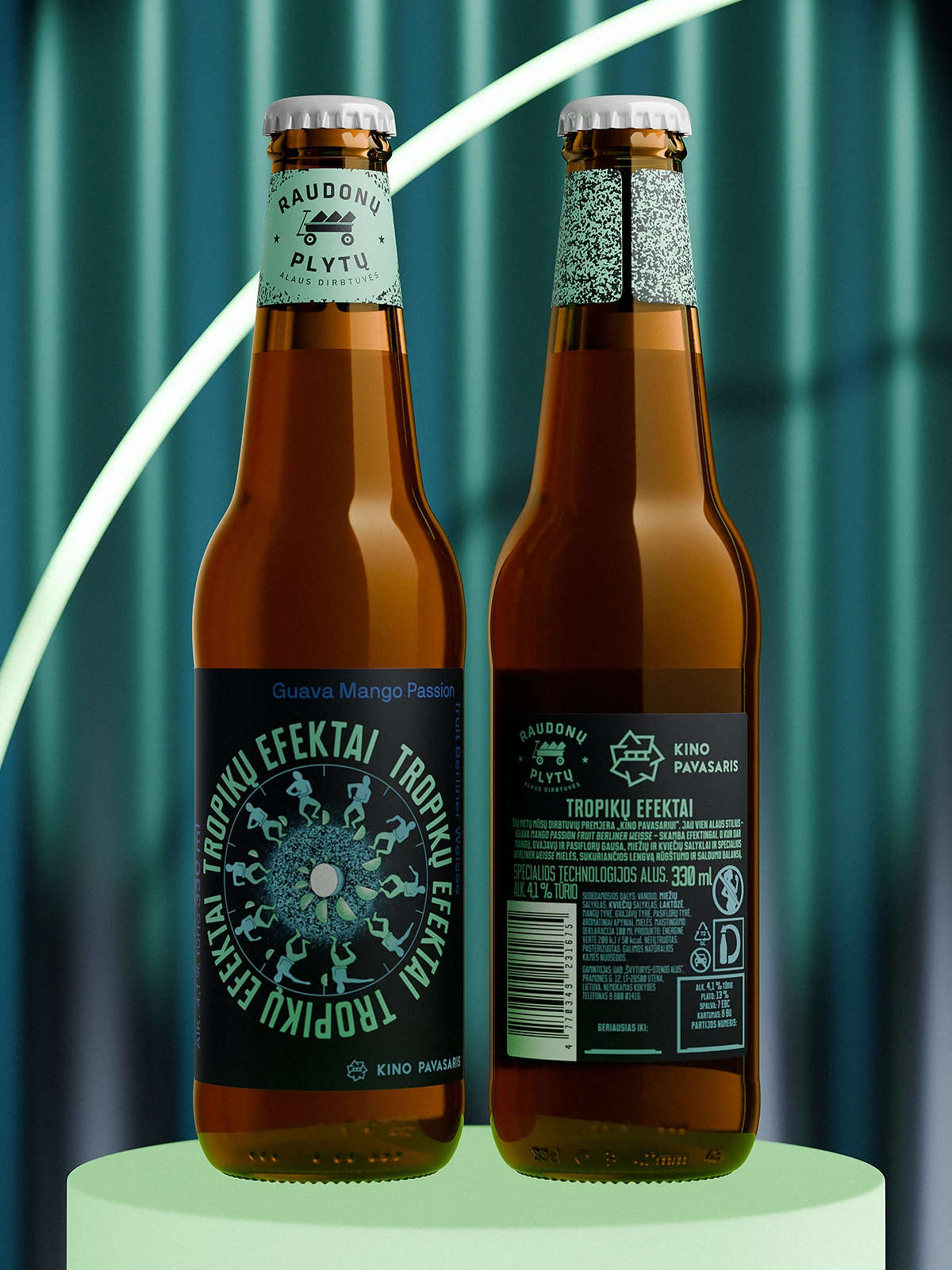 Front and back view of “Tropikų Efektai” beer bottle by Raudonų Plytų and Kino Pavasaris, featuring a mint green and black label with circular dancers around a central fruit. The label highlights guava, mango, and passion fruit flavors, with neon lighting and a teal-blue background.