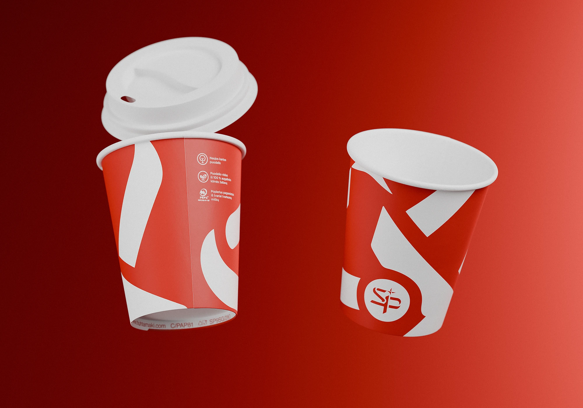 Two red and white paper coffee cups with bold graphic patterns and the Lietuvos Spauda logo, suspended against a red gradient background, one with a white lid and one without.