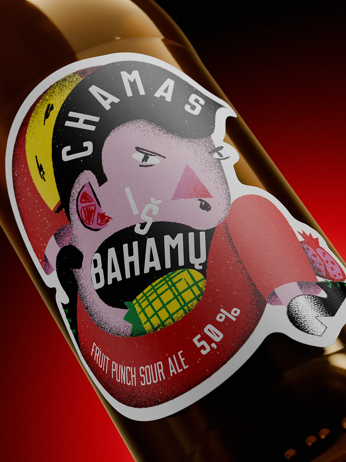 Close-up of a beer bottle label for “Chamas iš Bahamų” fruit punch sour ale. The label features an angry-looking illustrated character with red clothing, and stylized facial features. Surrounding the character are graphic elements representing fruits, including a pineapple, pomegranate, banana, and blood orange. The text “CHAMAS IŠ BAHAMŲ” is prominently displayed in white on black background.