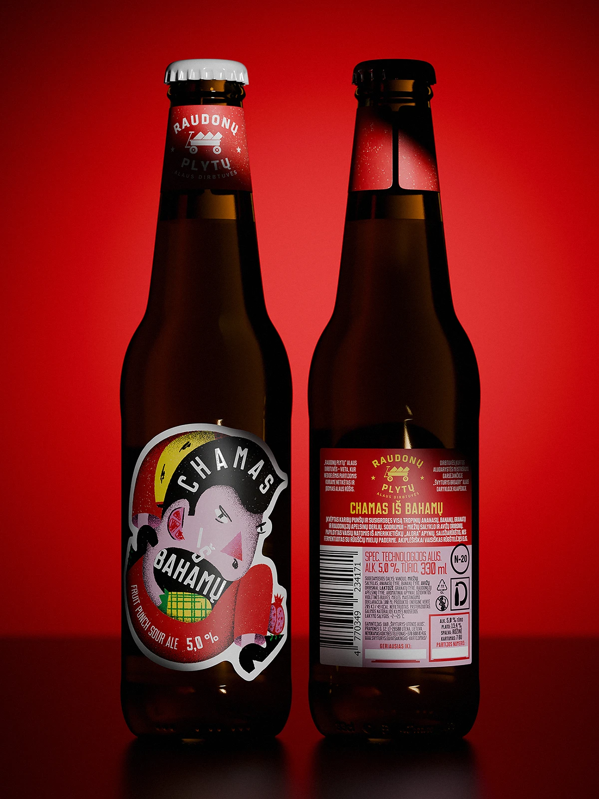 Two bottles of “Chamas iš Bahamų” fruit punch sour ale set against a vivid red background. The front label shows a stylized character with angry expression, surrounded by fruit illustrations. The neck of the bottle has a red label with a gradient shadow and the Raudonų Plytų logo in white.