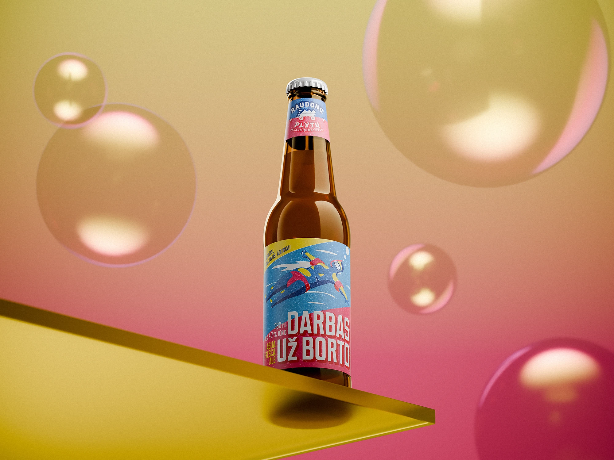 A bottle of “Darbas Už Borto” beer stands on a glossy yellow platform against a warm gradient background. Large translucent bubbles float in the scene, reflecting light softly. The label features a colorful swimmer with a cheerful face, surrounded by dynamic splash lines, creating a playful and summery atmosphere.