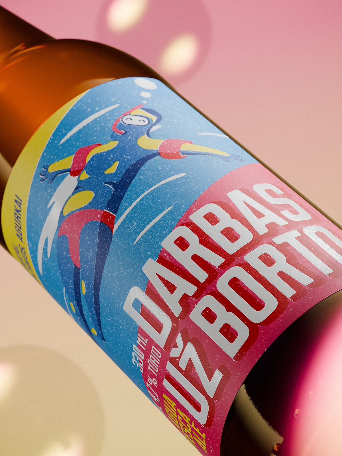 Close-up of a “Darbas Už Borto” beer bottle with a colorful label showing a person in a snorkel mask floating on their back in the water. They wear red swim trunks and inflatable armbands. The label features bold blue and magenta colors with glossy varnish applied to the water and text for added depth. Background is pink and yellow with soft bubble reflections.