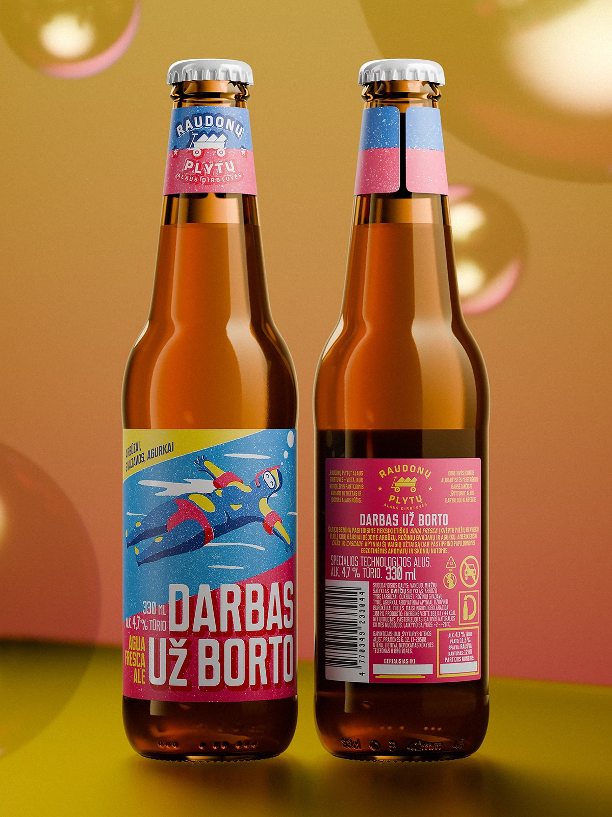 Two bottles of “Darbas Už Borto” beer on a warm yellow-pink gradient background with floating soap bubbles. The front label shows a person floating on their back in water, wearing red swim trunks and inflatable armbands. Glossy varnish highlights parts of the label, including the title and water surface. The style evokes a relaxed, carefree summer mood.