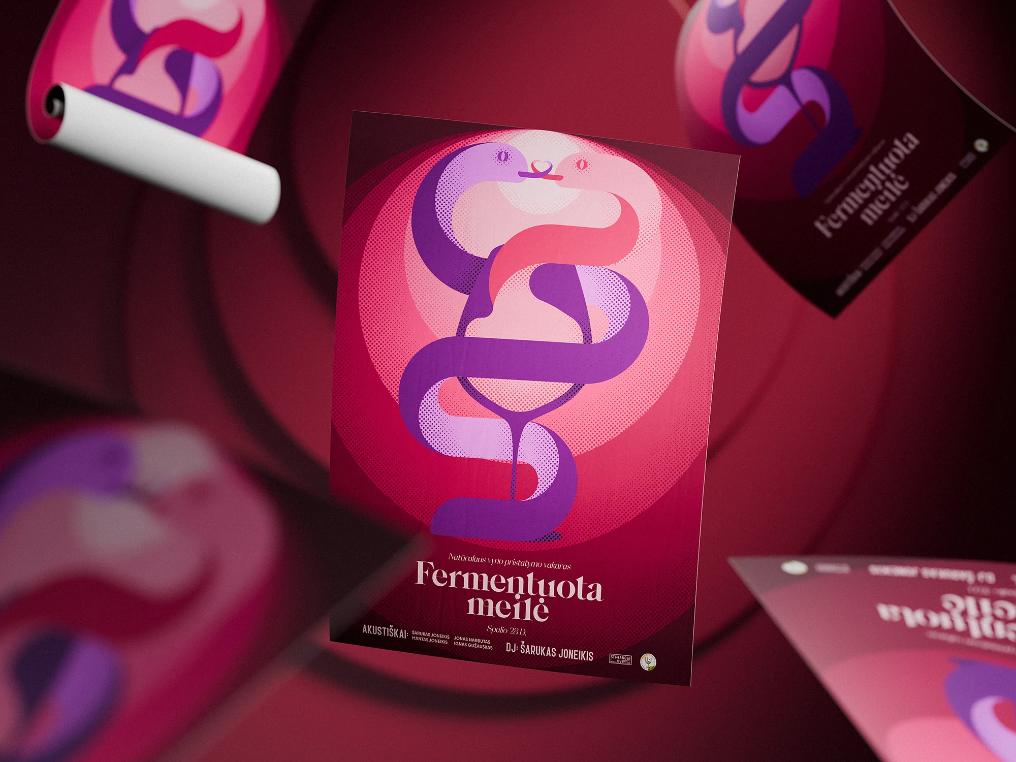 Multiple copies of the Fermentuota meilė poster floating on a red background, showing the stylized intertwined snakes and event title.