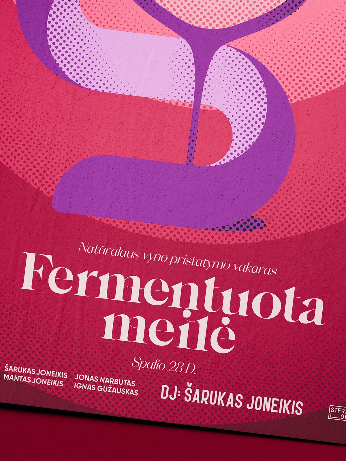 Poster design for a natural wine evening called Fermentuota meilė, in bold white letters on a pink and red halftone background, with stylized purple snake illustration wrapping around a wine glass.