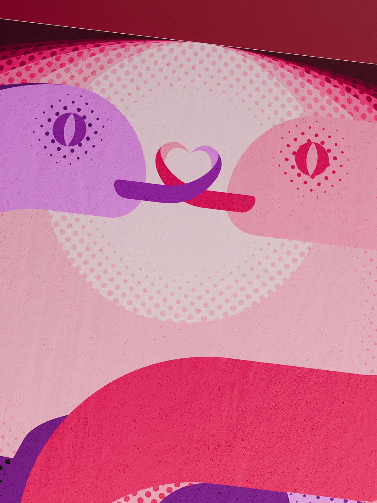 Close-up of an illustrated poster showing two stylized snakes in pink and purple tones, their tongues forming a heart shape.