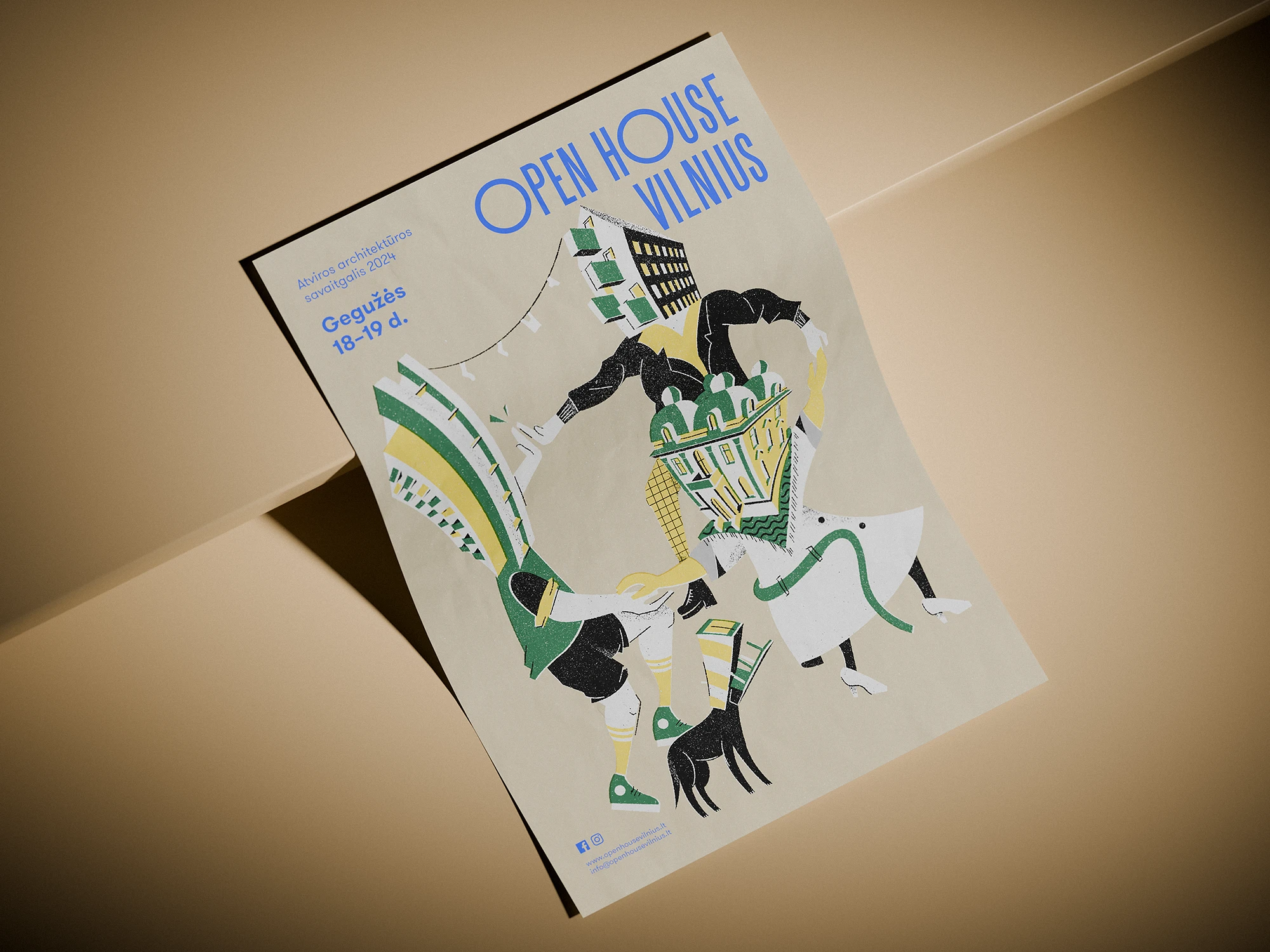 Poster for Open House Vilnius 2024 lying on a beige surface. The illustration shows stylized figures dancing in a circle, each with architectural elements as heads or bodies — including modern buildings, domed roofs, and staircases. Colors are muted green, yellow, black, and white on a beige background. Blue text at the top reads Open House Vilnius. Atviros architektūros savaitgalis 2024. Gegužės 18–19 d.. Social media icons and contact info appear at the bottom.
