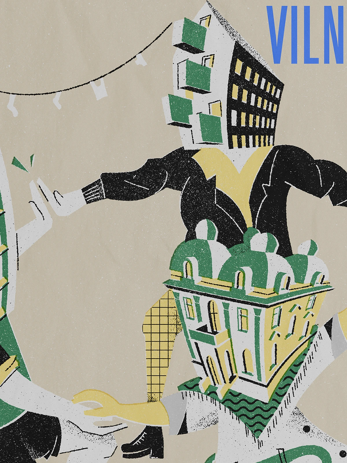 Close-up of an illustrated poster for Open House Vilnius, showing a stylized figure with a building for a head and another building forming the torso, dressed in black and yellow with patterned legs, reaching out a hand.