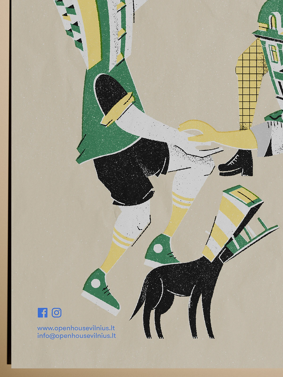 Close-up of an illustrated poster for Open House Vilnius, showing stylized legs of figures in green and yellow clothing, one hand reaching out, and a small black dog at the bottom.