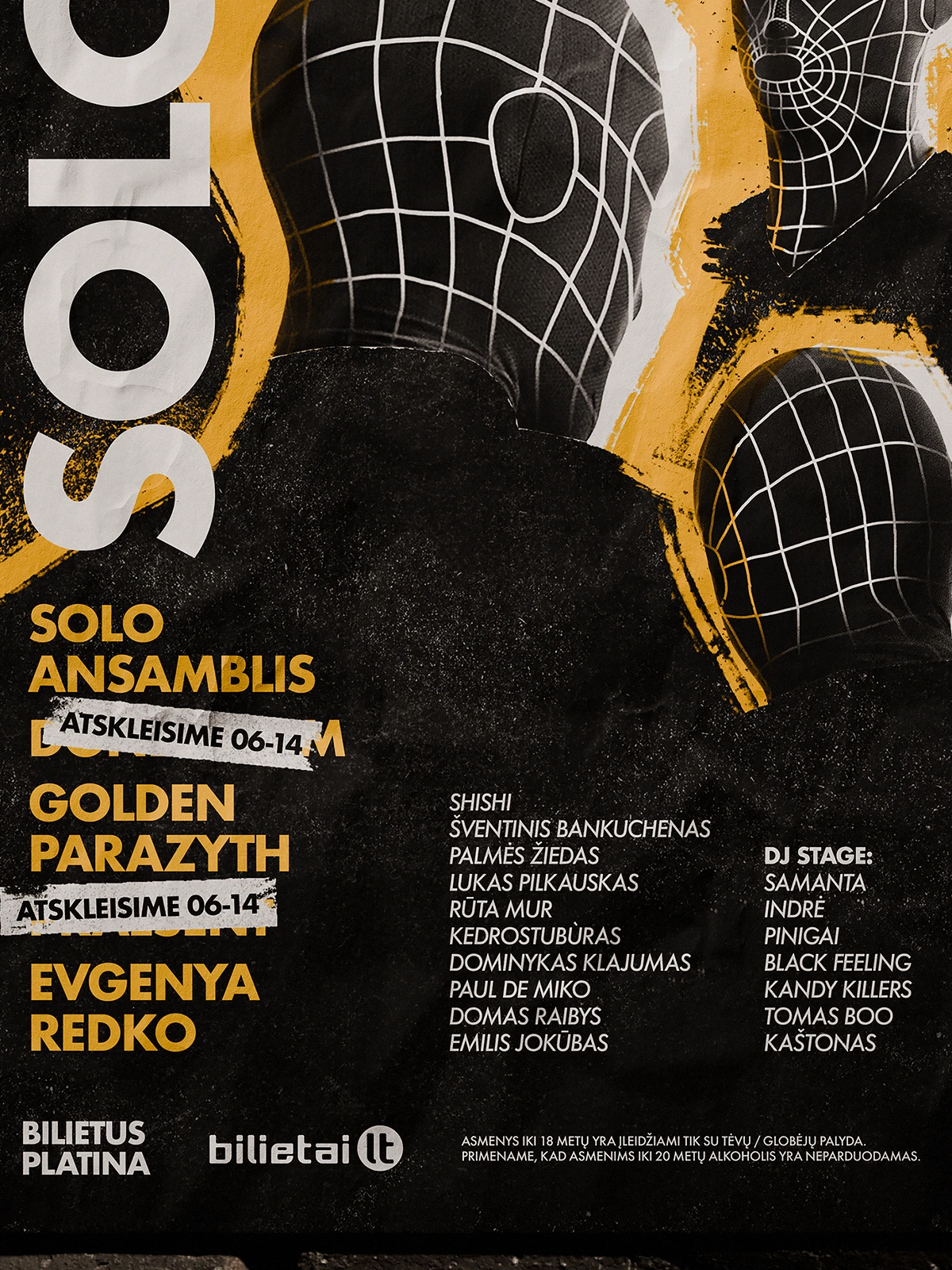 Detail shot of the Aludarių Diena ’22 poster featuring the lineup of performing artists, including Solo Ansamblis, Golden Parazyth, and Evgenya Redko. The visual combines bold yellow typography with graphic 3D head silhouettes on a black background, creating a striking industrial and musical atmosphere.