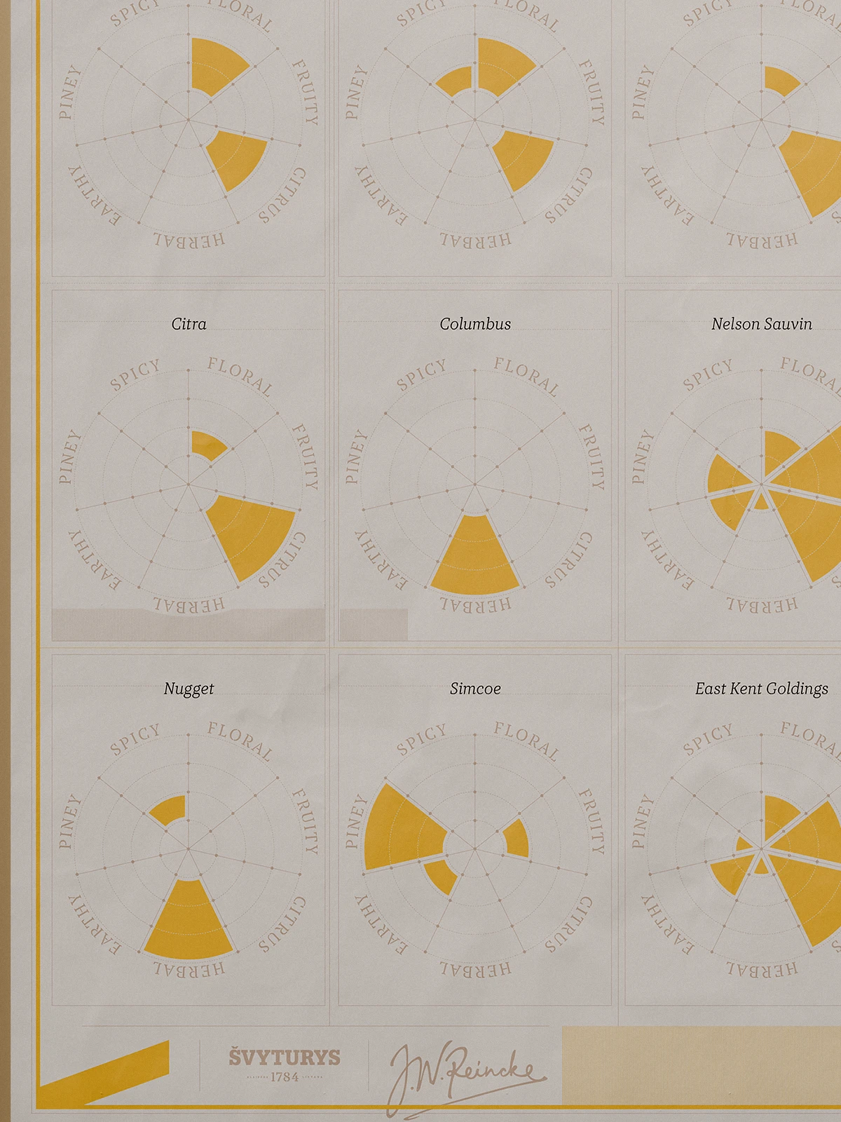 Zoomed-in section of the “Hop Aromatic Properties” infographic for Gero Alaus Parduotuvė. Individual hop varieties like Citra, Columbus, Nelson Sauvin, Nugget, Simcoe, and East Kent Goldings are shown through yellow aroma charts mapping fruity, floral, and earthy characteristics.