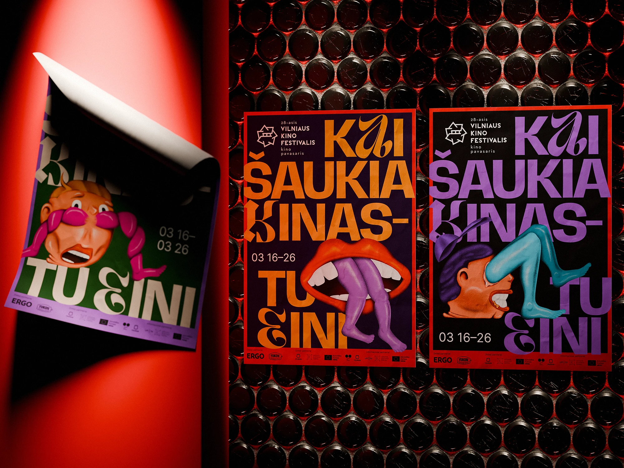 Series of illustrated posters for the Vilnius International Film Festival 2023. Each poster features bold typography and surreal, hand-drawn characters — distorted faces, mouths, and limbs that seem to burst out of the text. The bright colors and expressive drawings convey energy, humor, and the irresistible pull of cinema, set against a dramatic red-lit background.