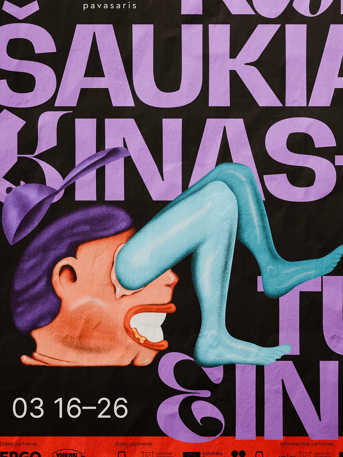 Poster for the Vilnius International Film Festival 2023 with bold purple typography over a black background. The illustration depicts a surreal head shouting, with turquoise legs emerging from its mouth — a playful and absurd metaphor for the theme “When Cinema Calls, You Go.” The vibrant colors and expressive drawing style convey humor and motion in a graphic, hand-painted manner.
