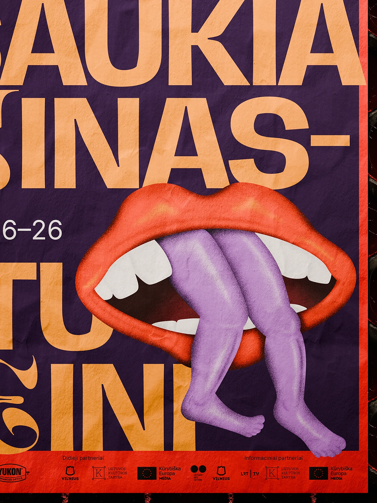 Poster from the Vilnius International Film Festival 2023 campaign, showing a surreal hand-drawn illustration of a red mouth with purple legs stepping out of it. The bright orange and violet typography creates a striking visual rhythm, while the playful, absurd composition reflects the slogan “When Cinema Calls, You Go.”