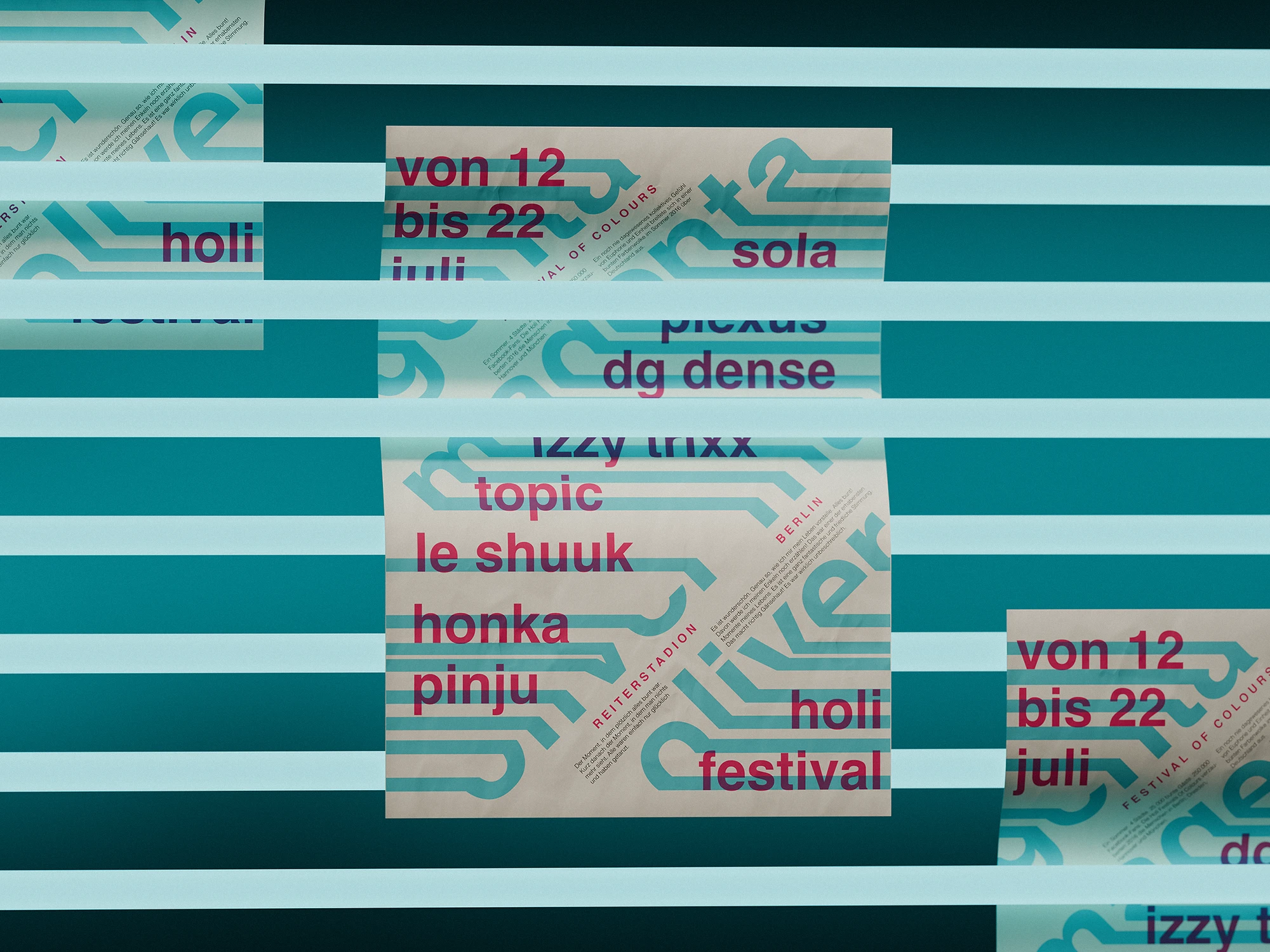 Holi Festival poster design with bold turquoise and magenta typography, seen through horizontal light bars in a layered composition.