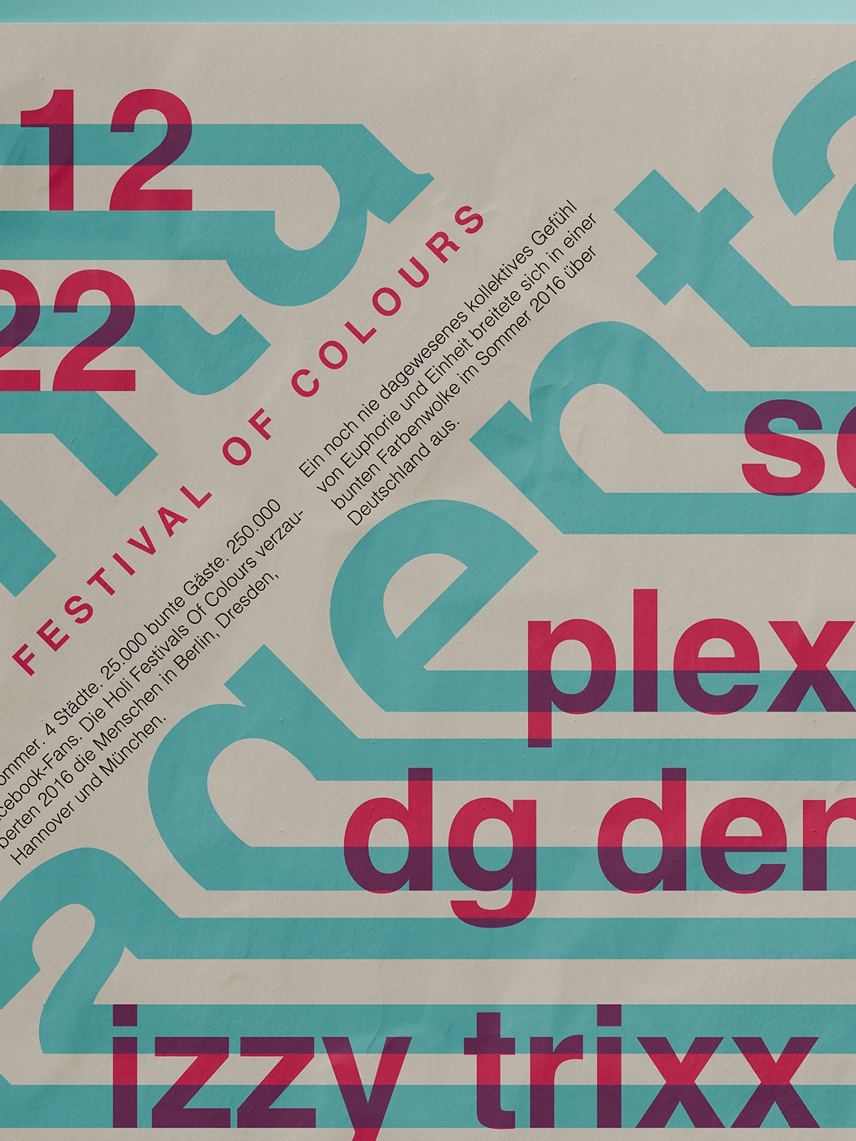 Close-up of a Holi Festival poster featuring bold turquoise and magenta typography. Large diagonal numbers 12 22 and the phrase Festival of Colours dominate the layout, with overlapping magenta band names and German descriptive text placed at an angle. The beige background contrasts with the vibrant geometric lettering, creating a strong, modern graphic feel.