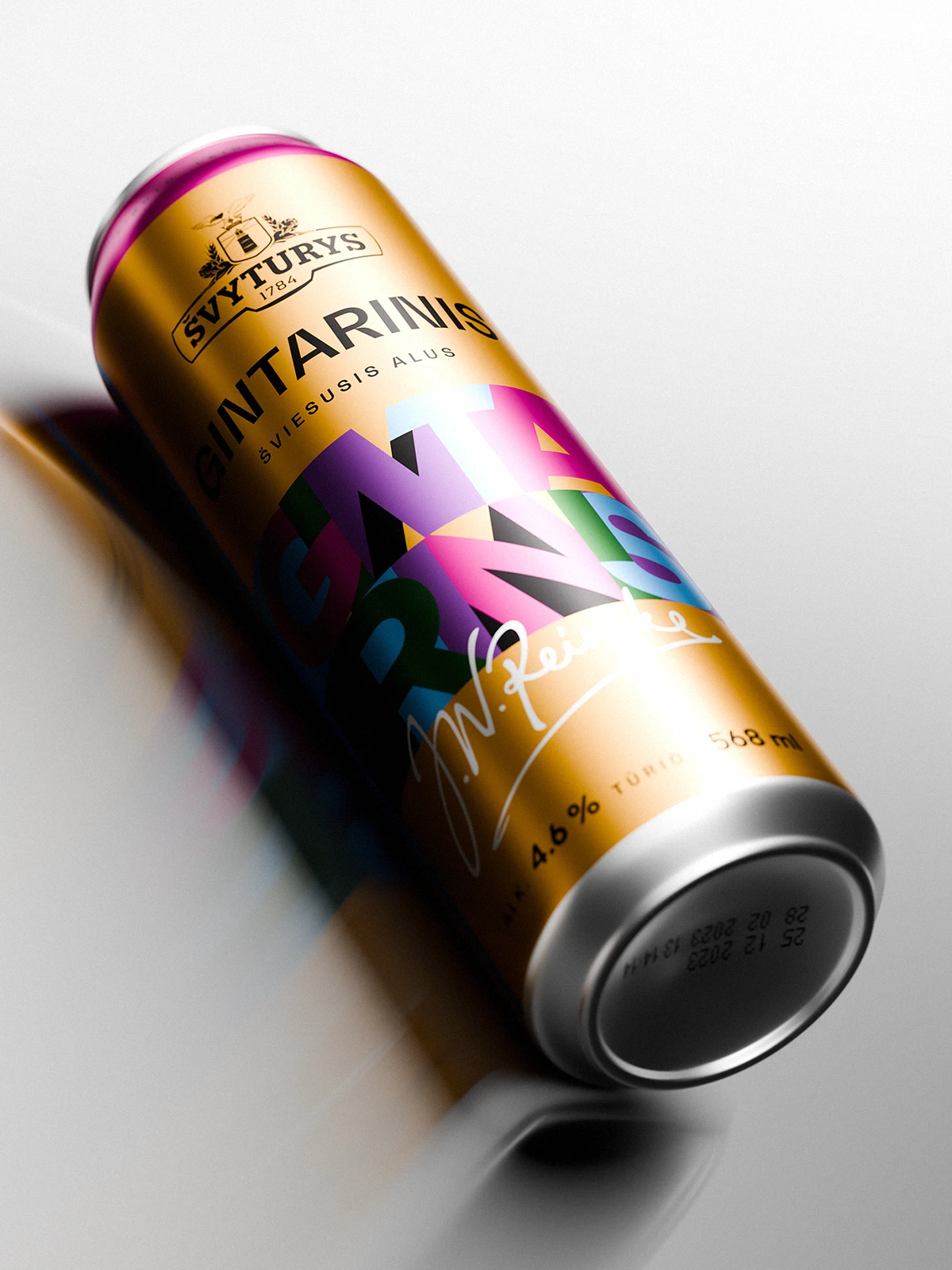 A single Švyturys Gintarinis limited-edition beer can displayed on a reflective surface. The design combines metallic gold with vivid overlapping typography in magenta, cyan, and green, creating a vibrant gradient effect. The composition emphasizes the sleek form of the can and the play of light on its glossy finish.
