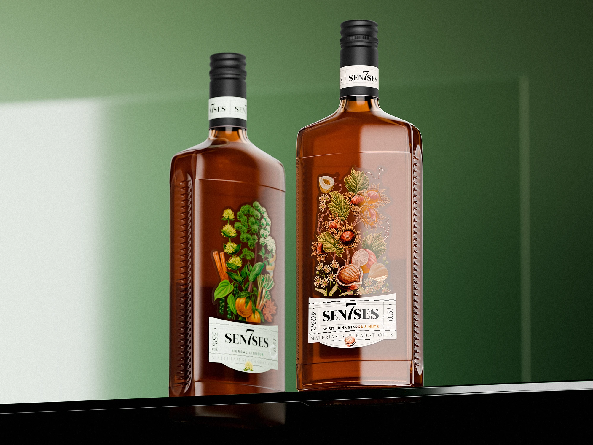 Two 7Senses bottles standing side by side on a glossy black surface against a soft green background. The left bottle features a Herbal Liqueur with a detailed botanical illustration of herbs and spices, while the right bottle shows Starka & Nuts, decorated with illustrated hazelnuts, leaves, and flowers. Both bottles use amber glass, black caps, and a refined label system combining textured paper labels with transparent illustrated overlays, emphasizing a premium, craft-oriented character.
